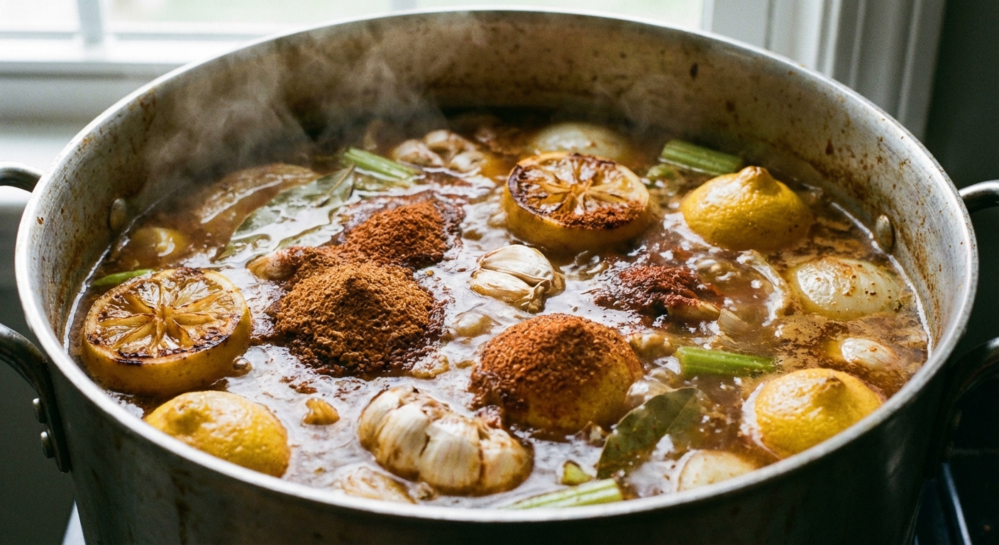 A close-up of Cajun spices, lemon halves, and garlic simmering in a large stockpot