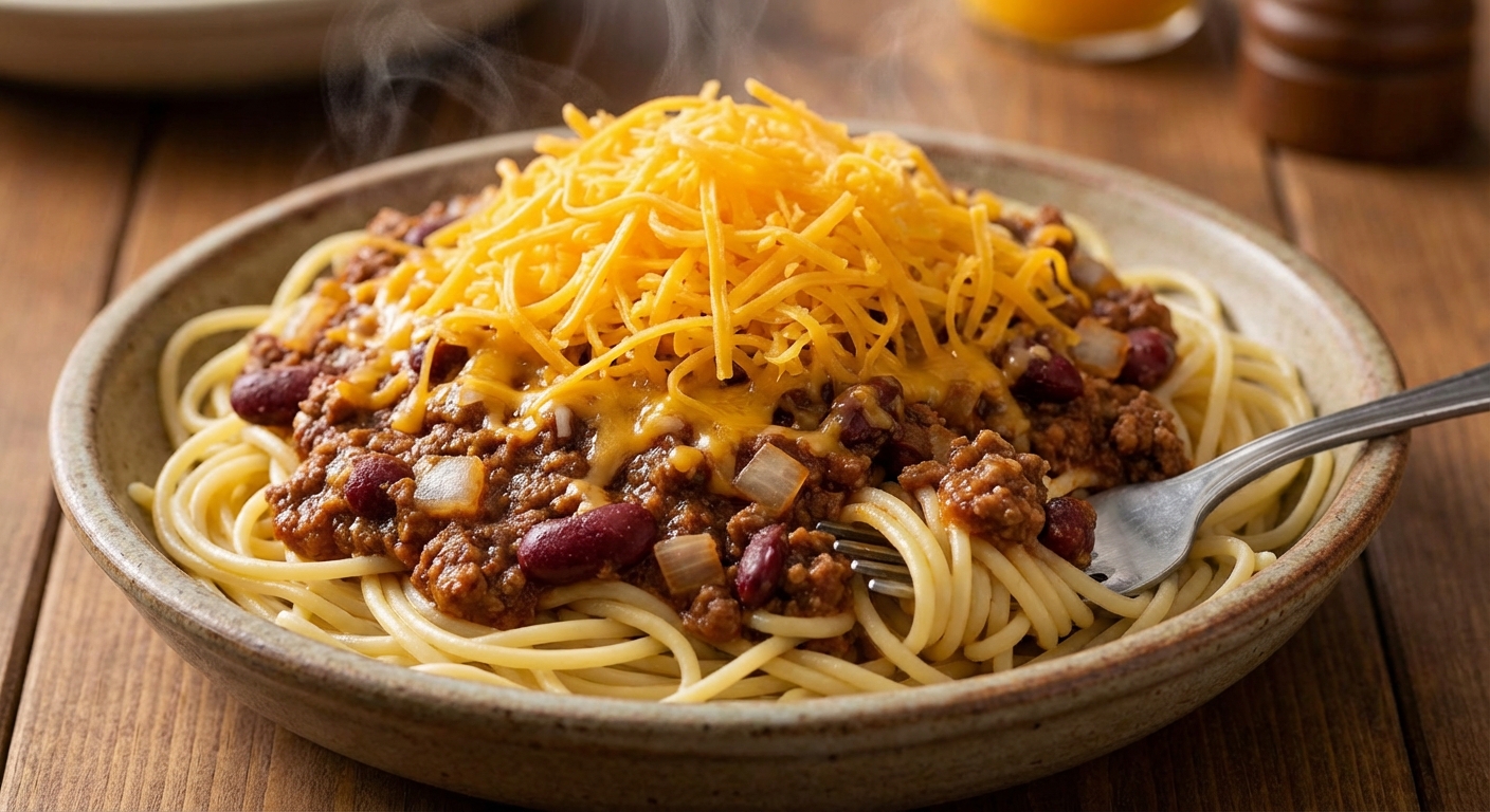 A close-up of Cincinnati chili spooned over spaghetti with shredded cheddar melting on top