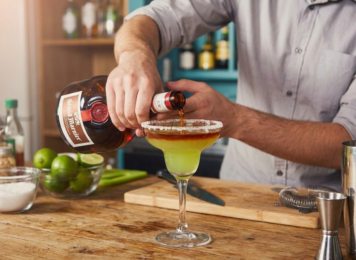 A close-up of Grand Marnier being poured into a margarita so it forms a darker orange layer on top of the drink