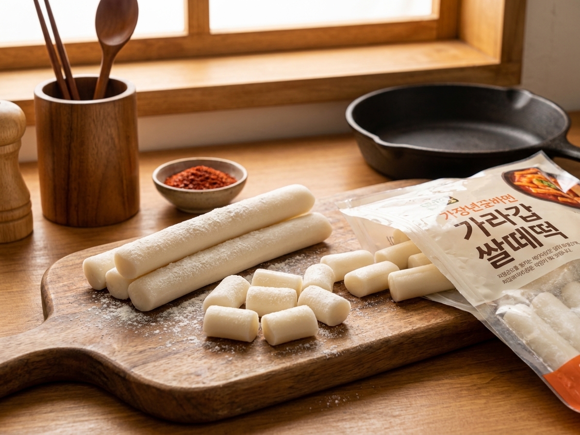 A close-up of Korean garaetteok rice cakes on a wooden cutting board beside their packaging, warm kitchen counter scene