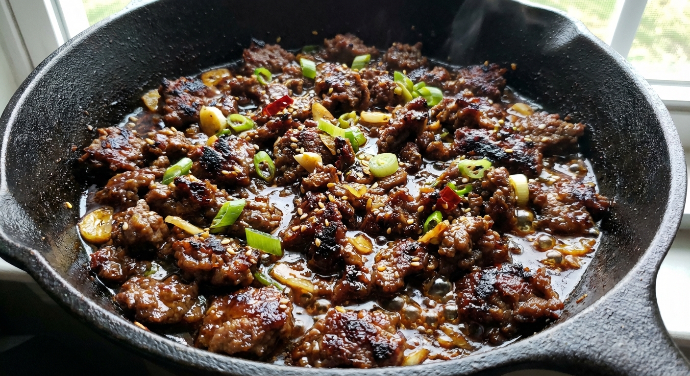 A close-up of Korean ground beef in a pan with caramelized edges and a shiny sauce