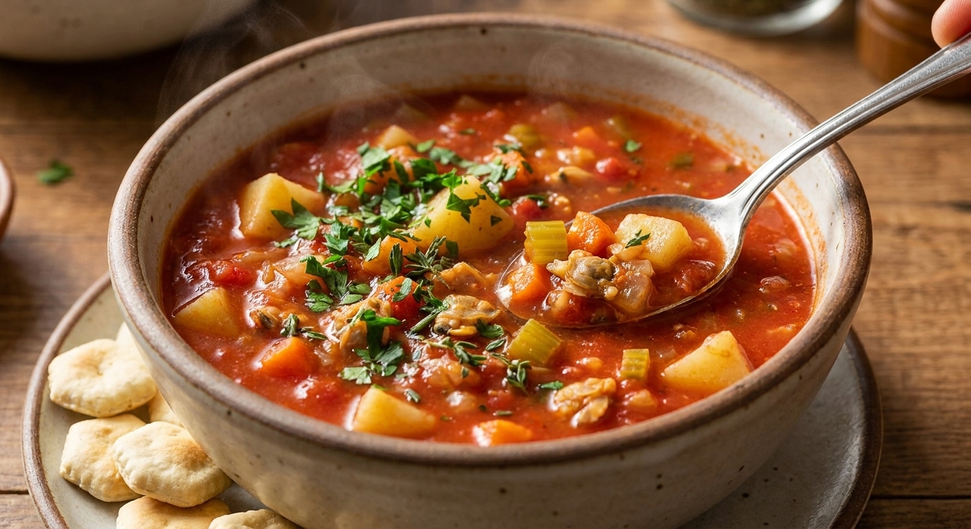 A close-up of Manhattan clam chowder in a bowl topped with chopped parsley and thyme, with potatoes and clams visible in the red broth