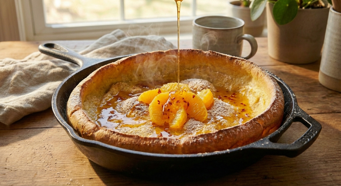 A close-up of a Dutch baby with tall, crisp edges and a soft center as chili honey is drizzled over the top