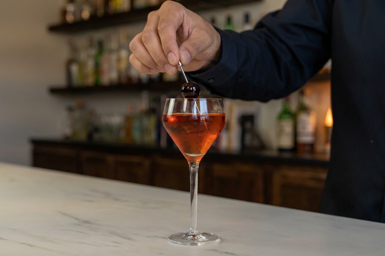 A close-up of a Manhattan being garnished with a brandied cherry on a pick above a chilled coupe glass
