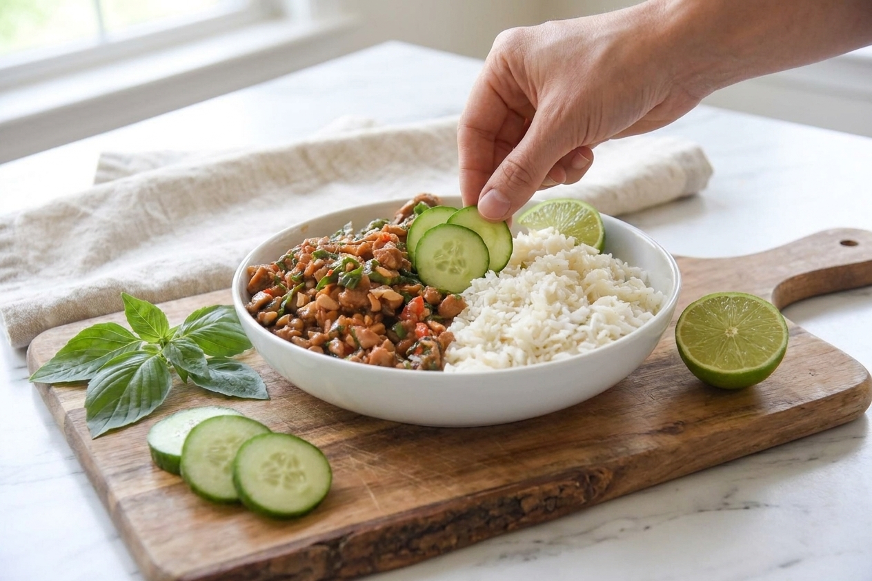 A close-up of a Thai basil chicken rice bowl being finished with sliced cucumber and a lime wedge on a wooden cutting board