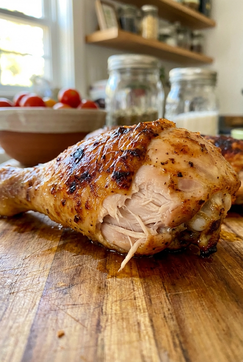 A close-up of a baked chicken drumstick showing crisp browned skin and juicy meat fibers