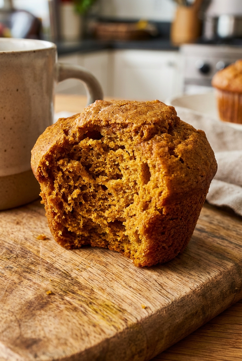 A close-up of a bitten pumpkin muffin showing a moist orange crumb with visible spice flecks