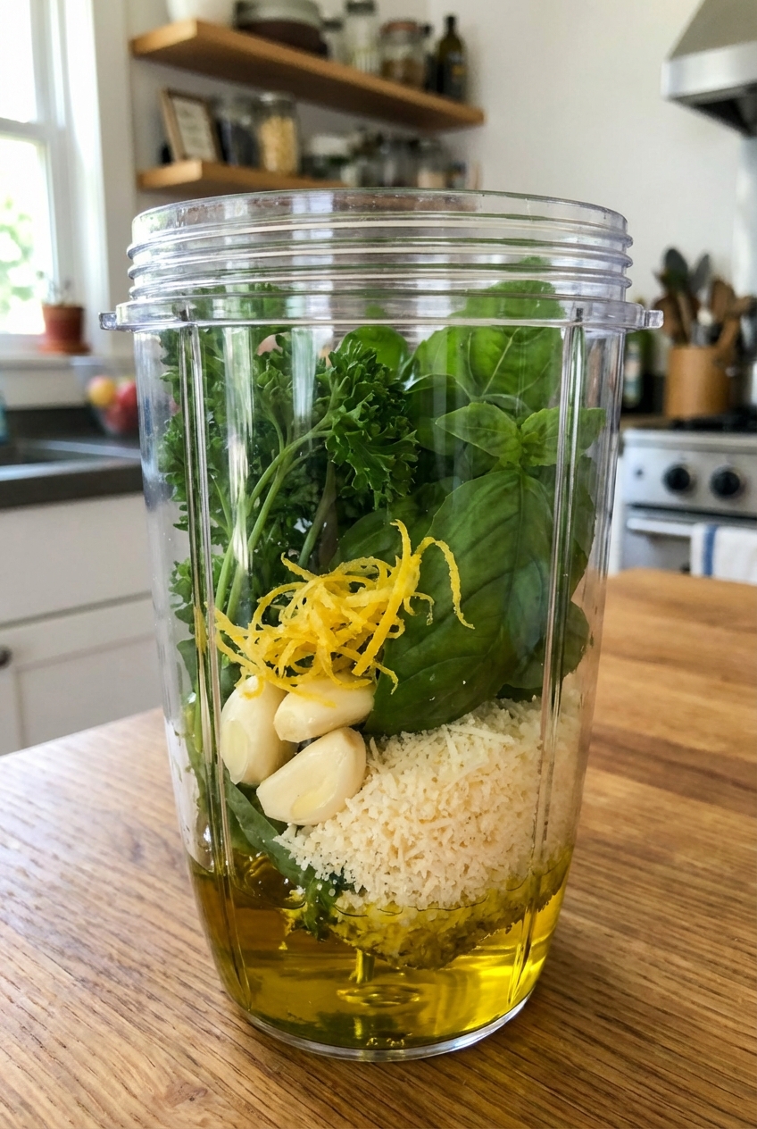 A close-up of a blender cup filled with basil, parsley, garlic, lemon zest, olive oil, and grated Parmesan before blending