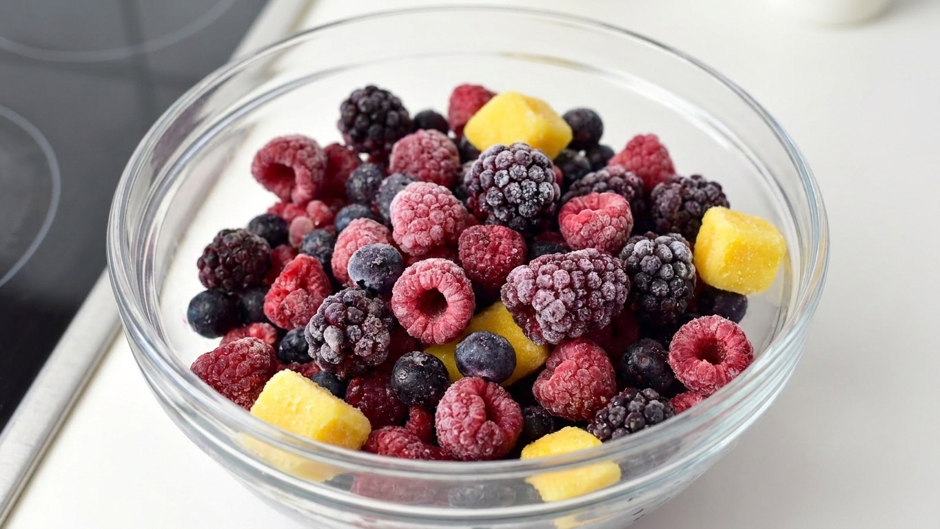 A close-up of a bowl filled with frozen mixed berries and mango chunks on a kitchen counter