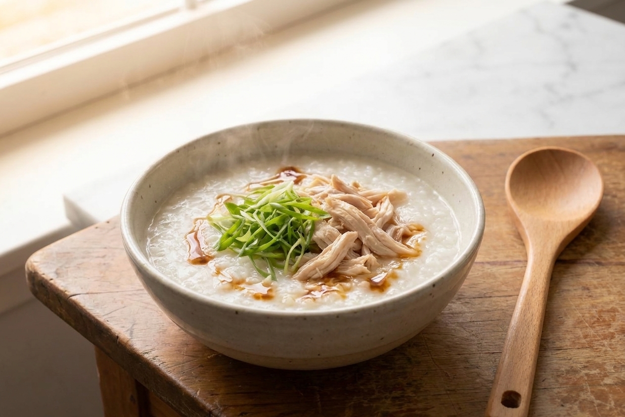 A close-up of a bowl of chicken jook topped with scallion greens, a glossy drizzle of sesame oil, and a spoon resting on the side on a wooden table