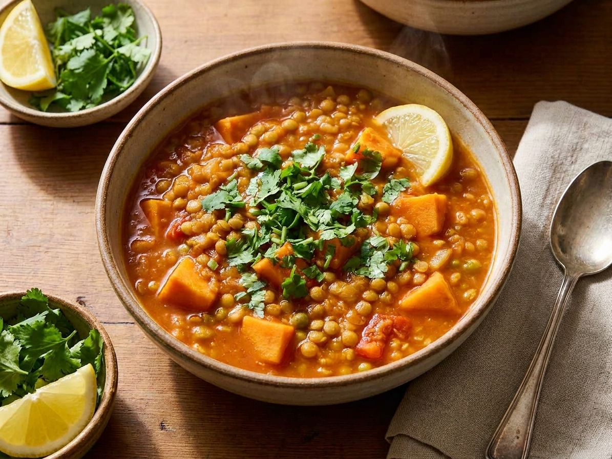 A close-up of a bowl of lentil and sweet potato stew topped with chopped cilantro and a squeeze of lemon, with a simple table setting