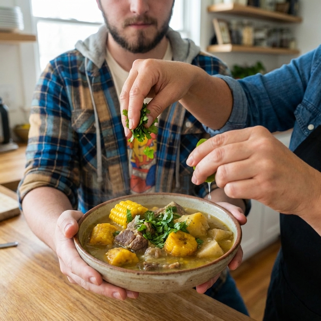 A close-up of a bowl of sancocho being topped with chopped cilantro and a squeeze of lime