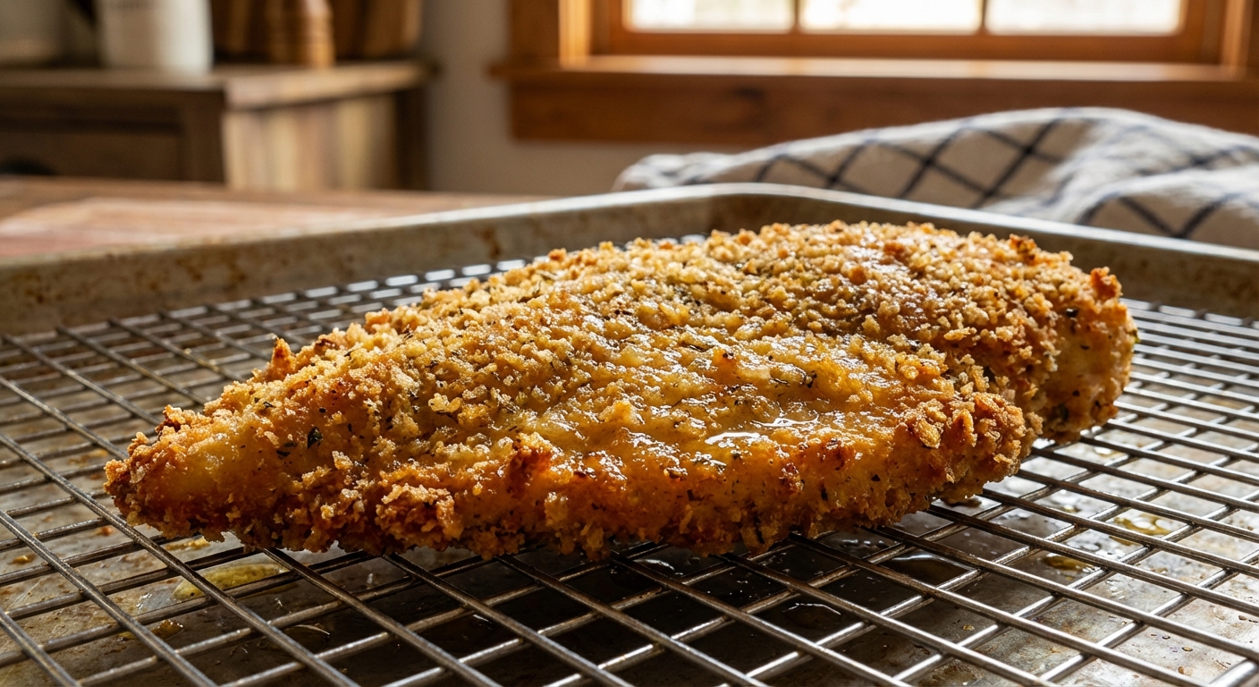 A close-up of a breaded chicken cutlet with crisp golden edges resting on a wire rack