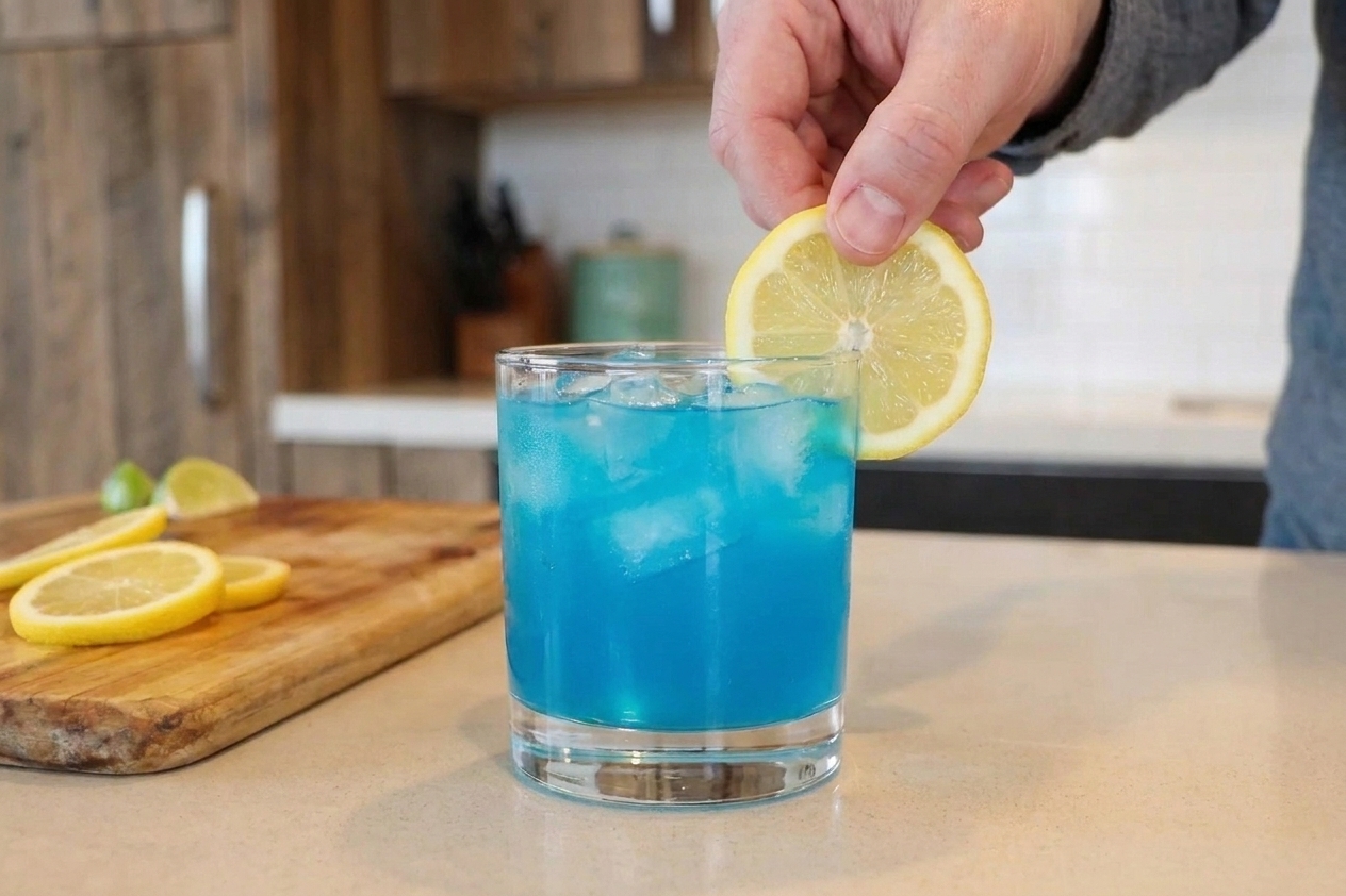 A close-up of a bright blue cocktail over ice as a lemon wheel is placed on the rim of the glass