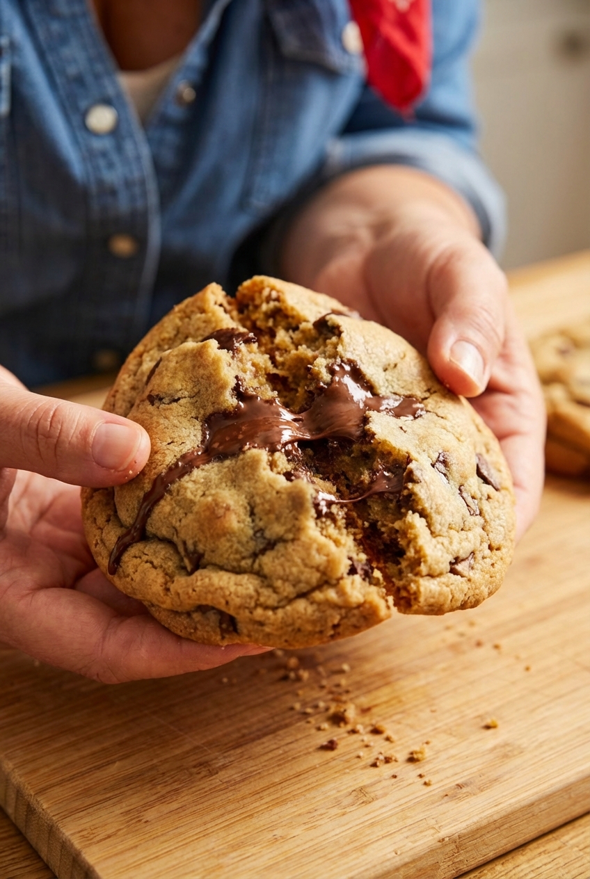 A close-up of a broken chocolate chip cookie showing a soft, chewy center with melted chocolate