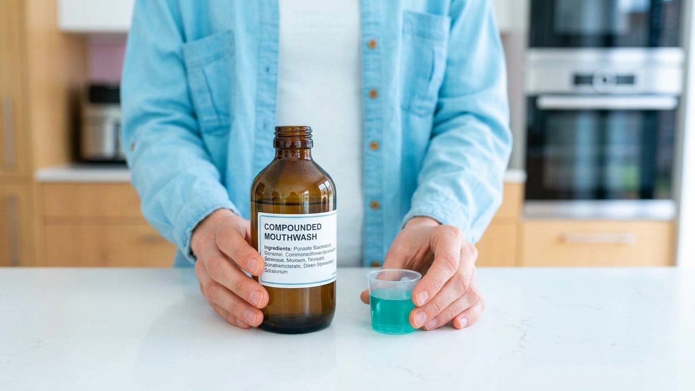 A close-up of a brown pharmacy bottle of compounded mouthwash next to a small dosing cup on a clean kitchen counter