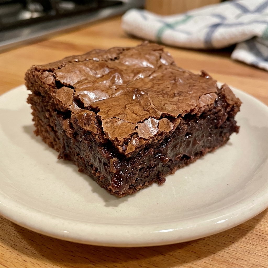 A close-up of a brownie square showing a fudgy center and crackly top on a small plate