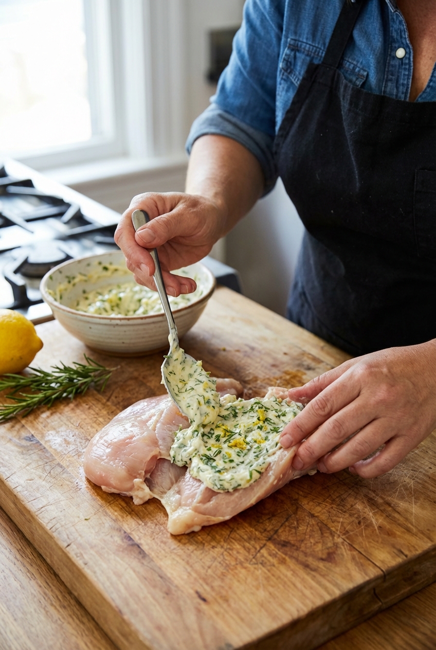 A close-up of a butterflied chicken breast being filled with a creamy lemon herb mixture on a wooden cutting board