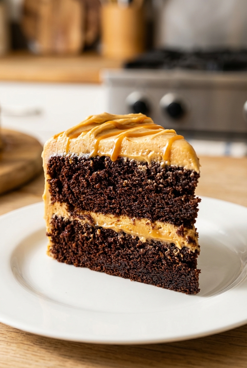 A close-up of a cake slice showing moist chocolate crumb and thick layers of caramel buttercream on a dessert plate