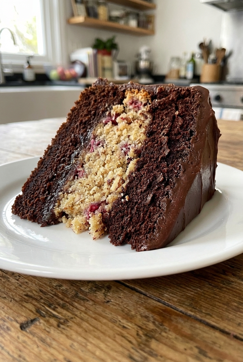 A close-up of a cake slice showing the clear inner raspberry almond cake ring inside the chocolate espresso cake