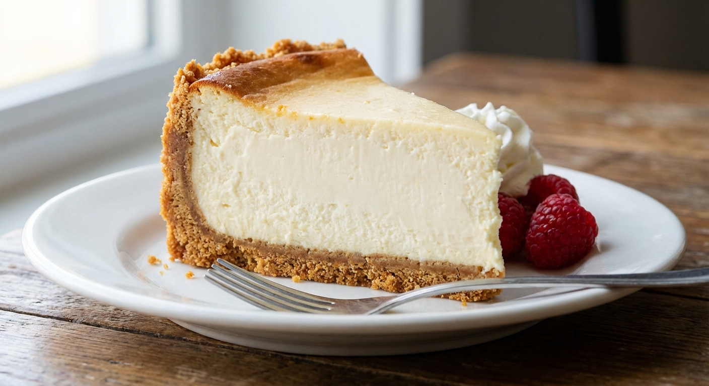 A close up of a cheesecake slice showing creamy filling and a crisp graham cracker crust on a dessert plate