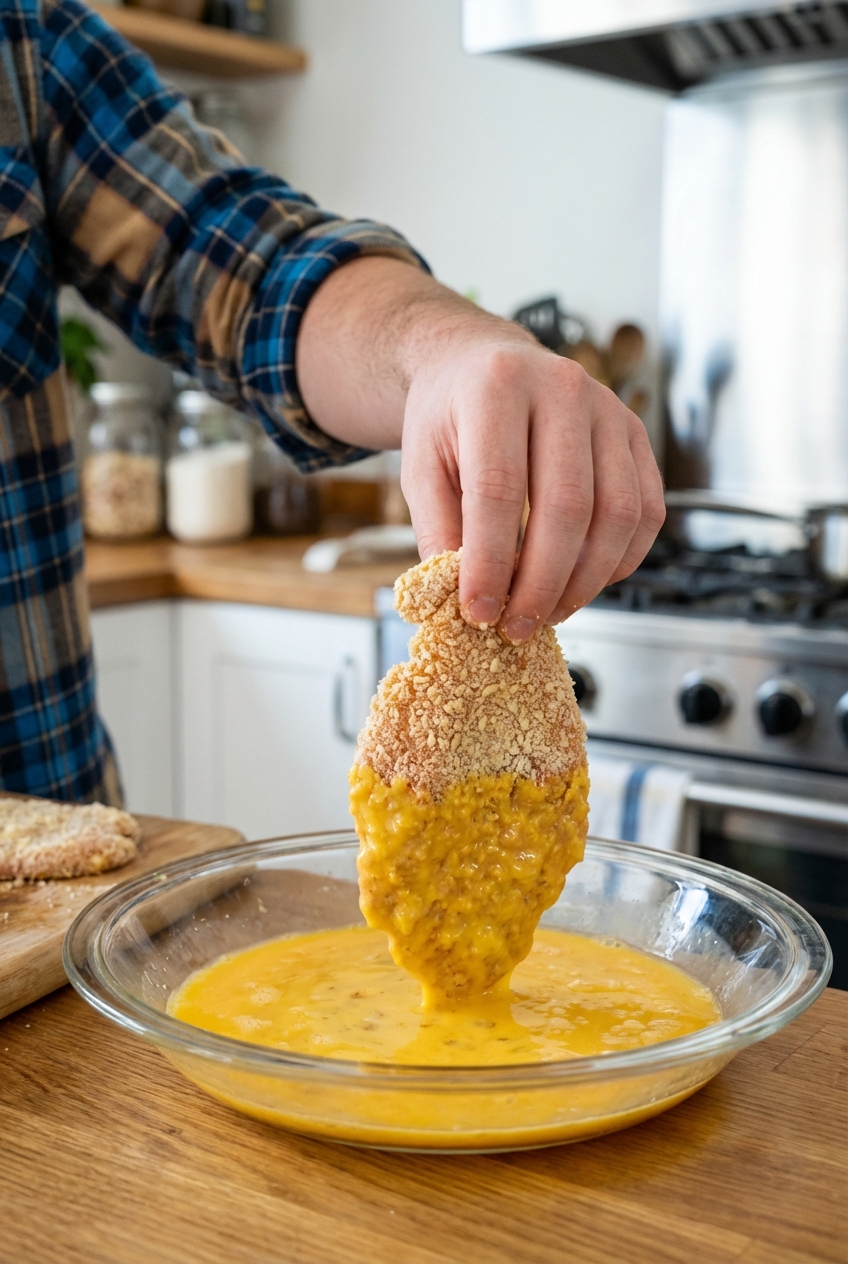 A close-up of a chicken cutlet being dipped into beaten eggs in a shallow bowl on a kitchen counter