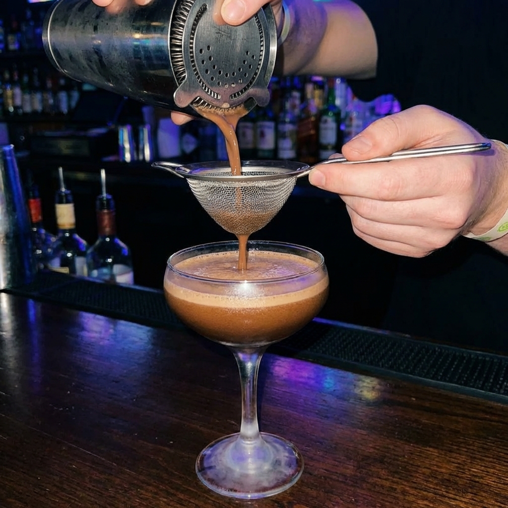 A close-up of a chocolate martini being strained into a chilled coupe glass with a fine foam on top