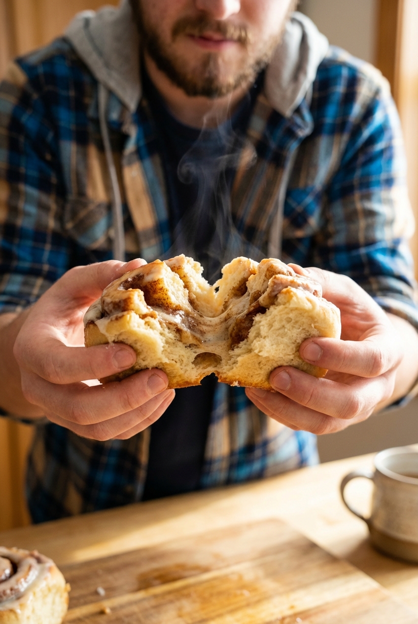 A close-up of a cinnamon roll being pulled apart to show the fluffy interior and gooey cinnamon filling