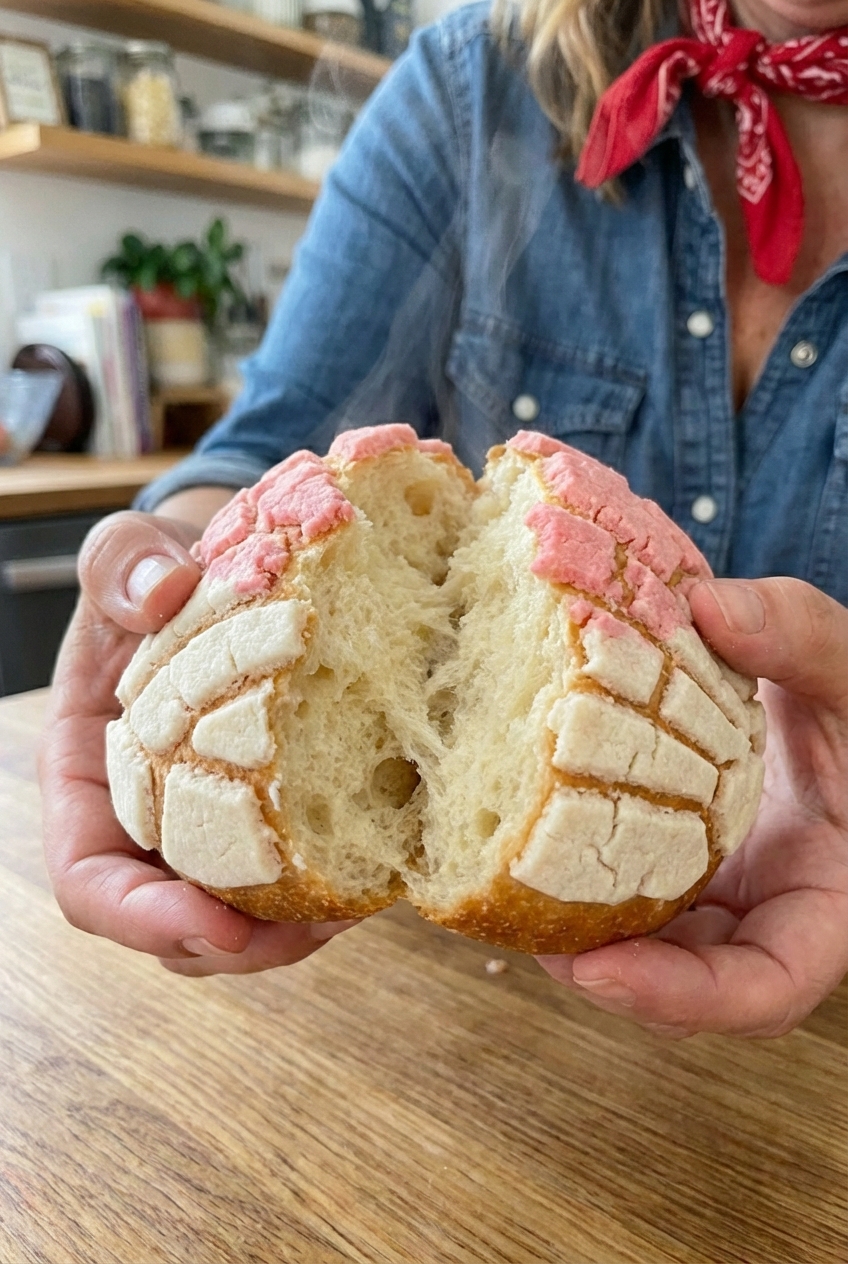 A close up of a concha being pulled apart to show a soft, fluffy, chewy crumb