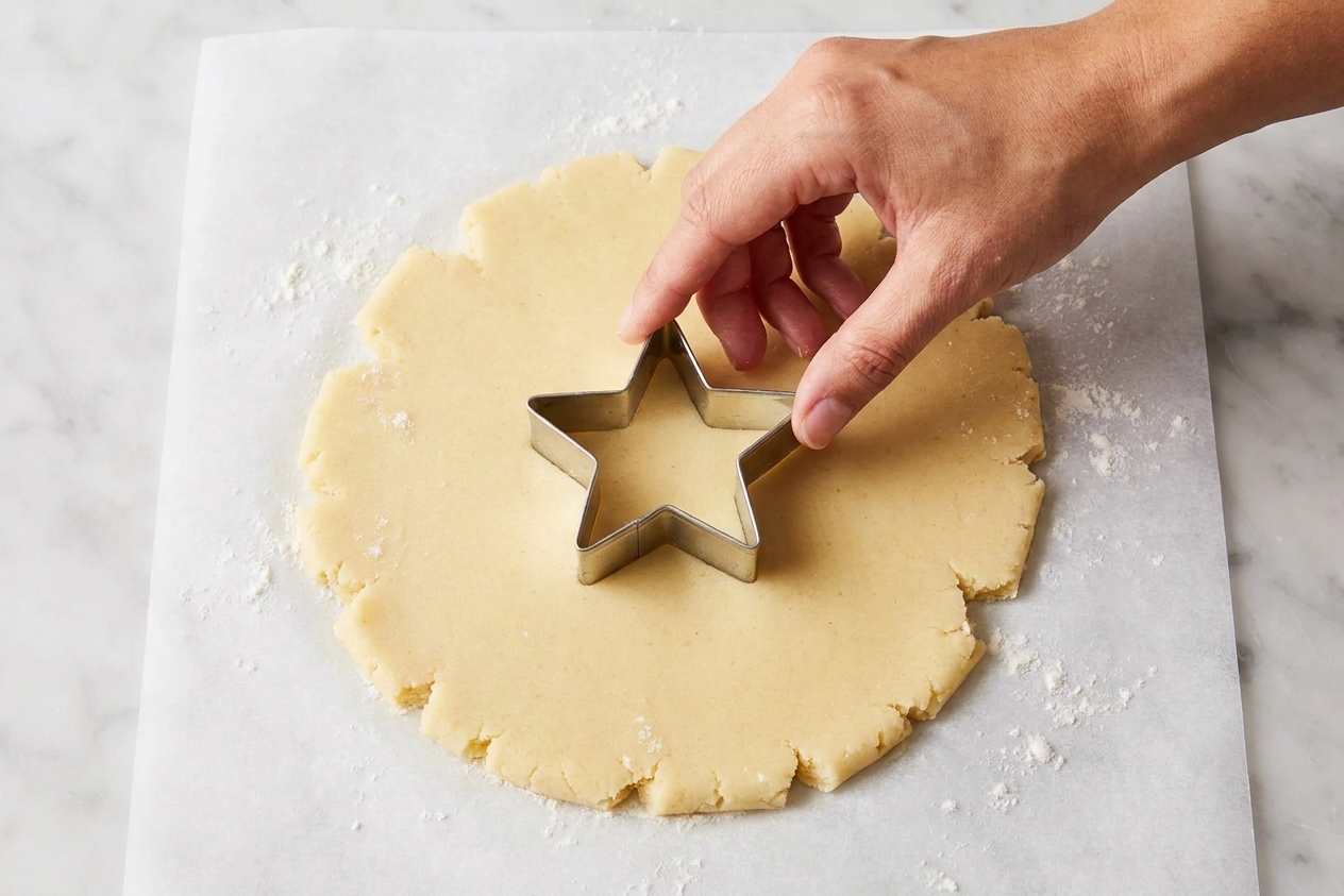 A close-up of a cookie cutter pressing into rolled sugar cookie dough on parchment paper