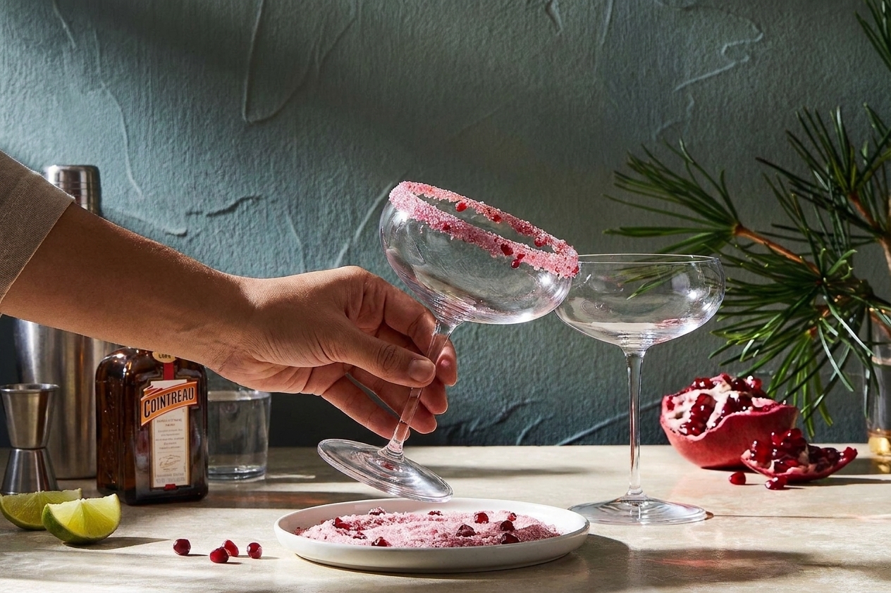 A close-up of a coupe glass with a pink pomegranate-sugar rim being dipped onto a small plate
