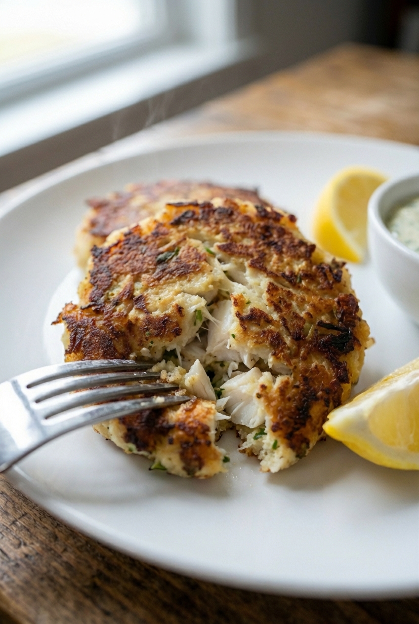A close-up of a crab cake being cut with a fork, showing chunky crab inside and crisp browned crust