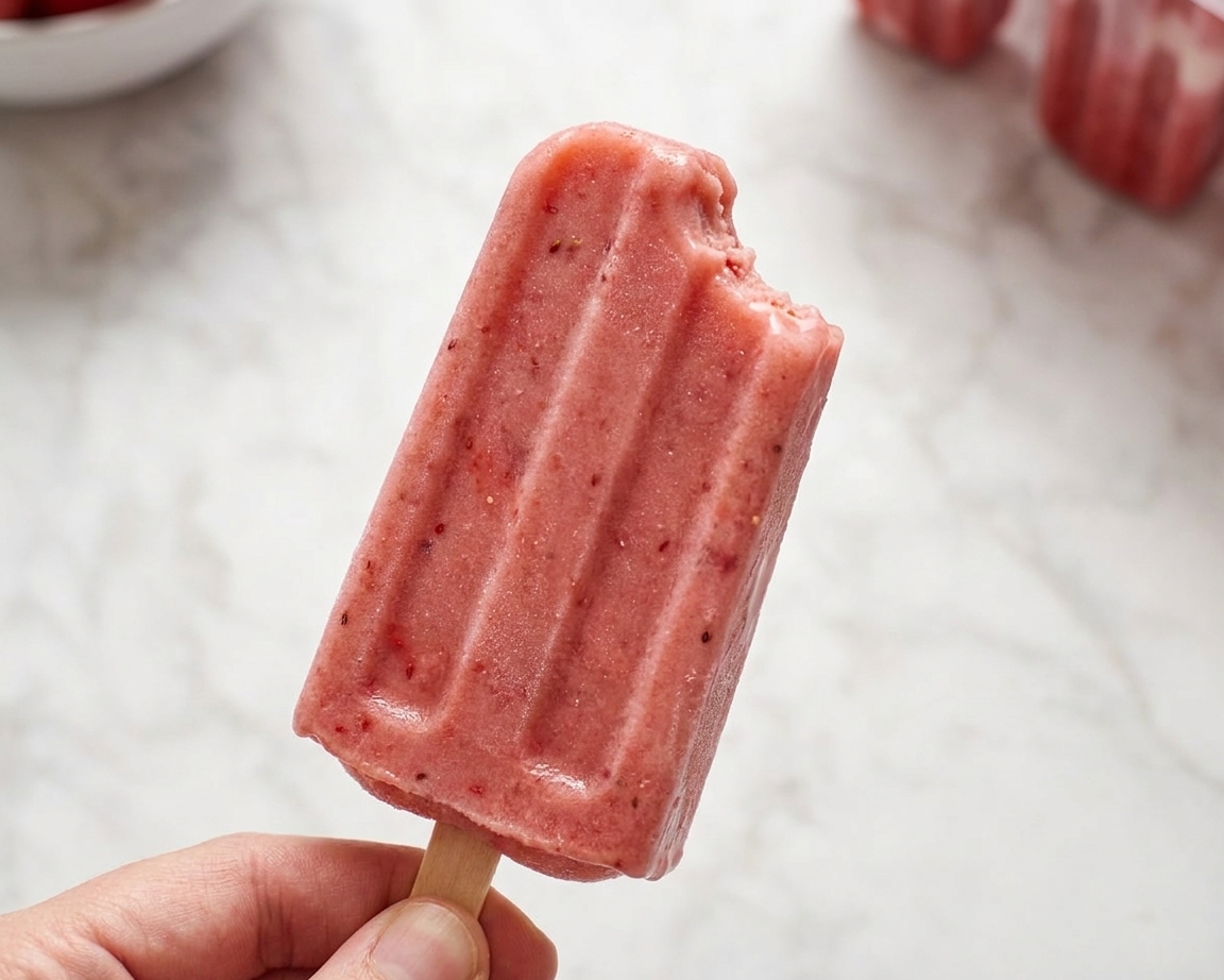 A close-up of a creamy strawberry yogurt popsicle with a small bite taken out, showing a smooth texture and berry flecks