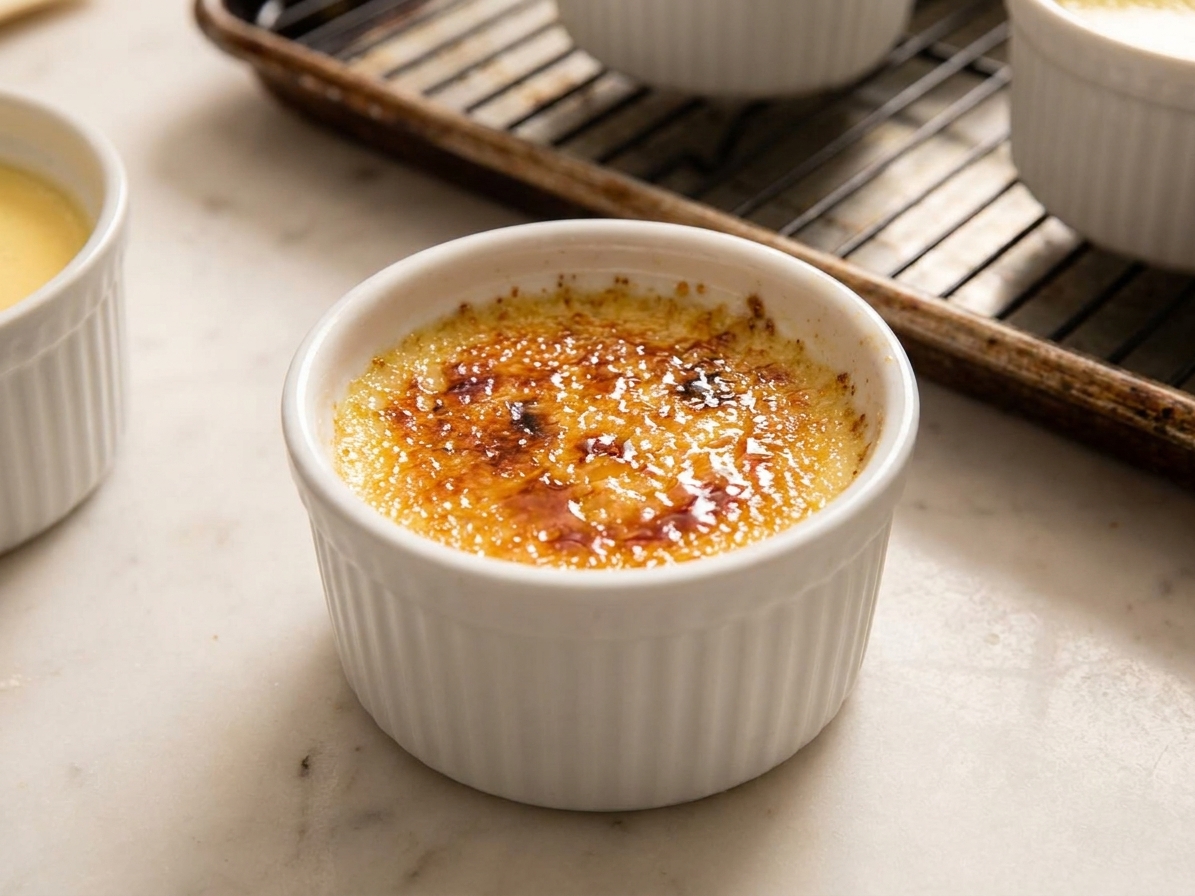 A close-up of a creme brulee surface with freshly caramelized sugar cooling and turning glossy