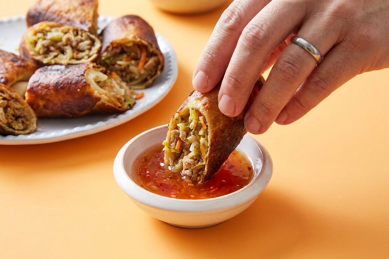 A close-up of a crispy pork egg roll being dipped into sweet chili sauce in a small bowl on a dinner table