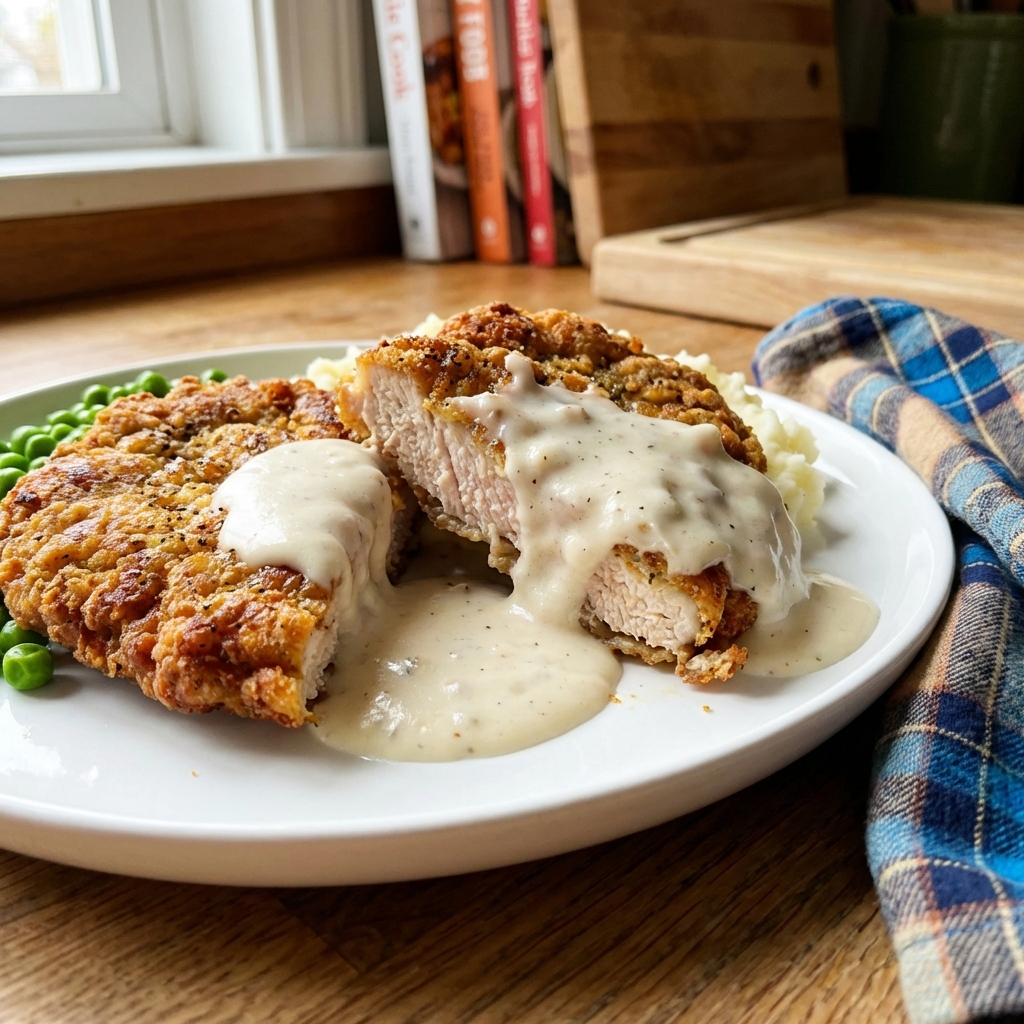 A close-up of a cut chicken fried steak showing a crisp crust and juicy interior with gravy pooling on the plate