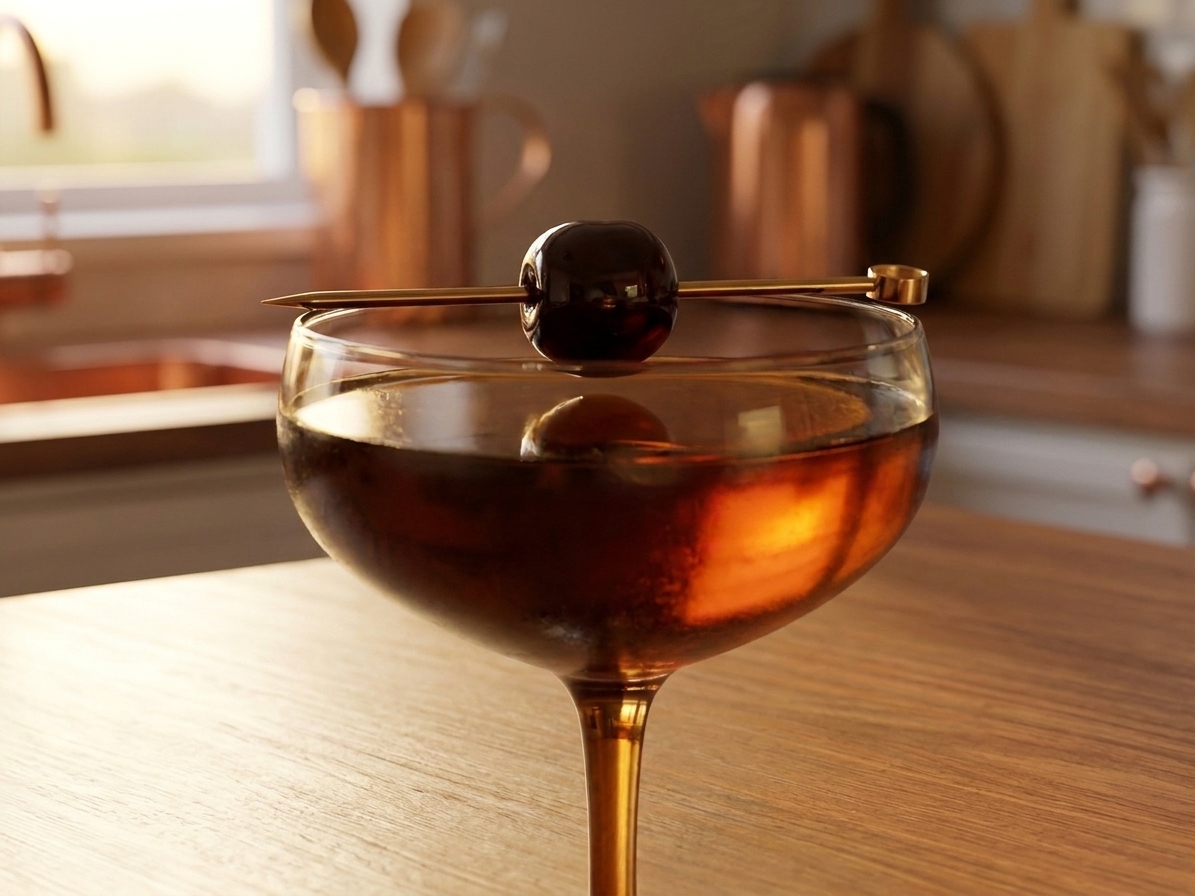 A close-up of a dark amber Black Manhattan in a coupe glass as a glossy cocktail cherry is placed on a pick above the rim