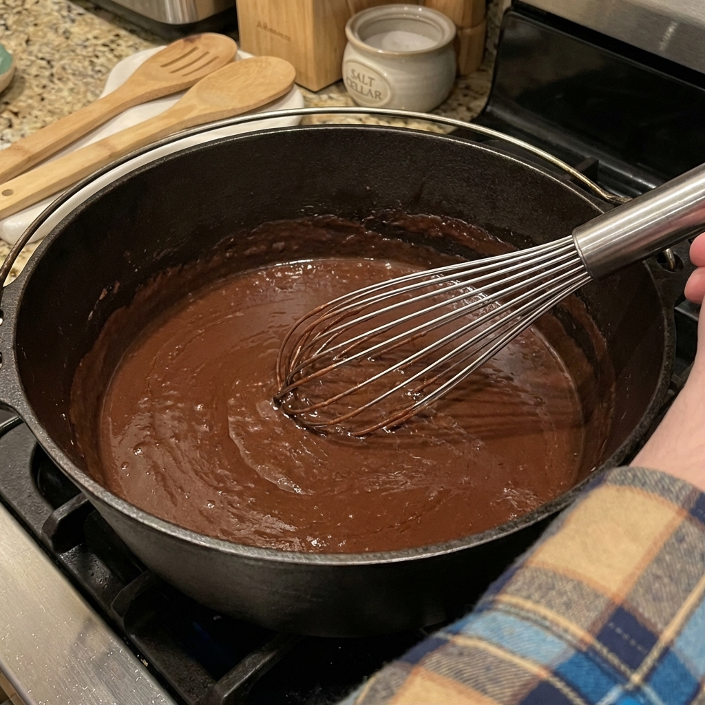 A close-up of a dark roux in a Dutch oven with a whisk resting in the pot
