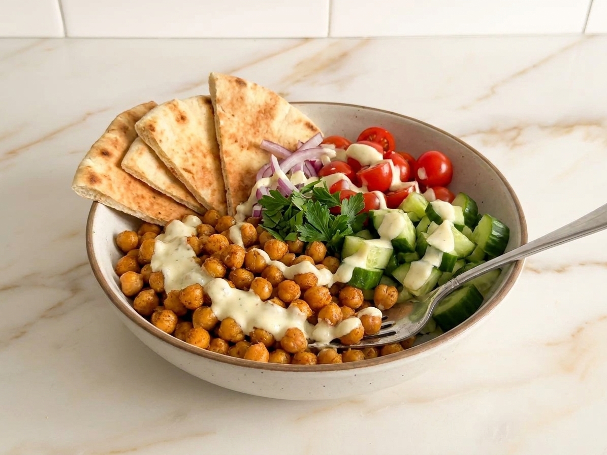 A close-up of a finished chickpea shawarma bowl with warm pita wedges on the side and a drizzle of yogurt sauce across the top