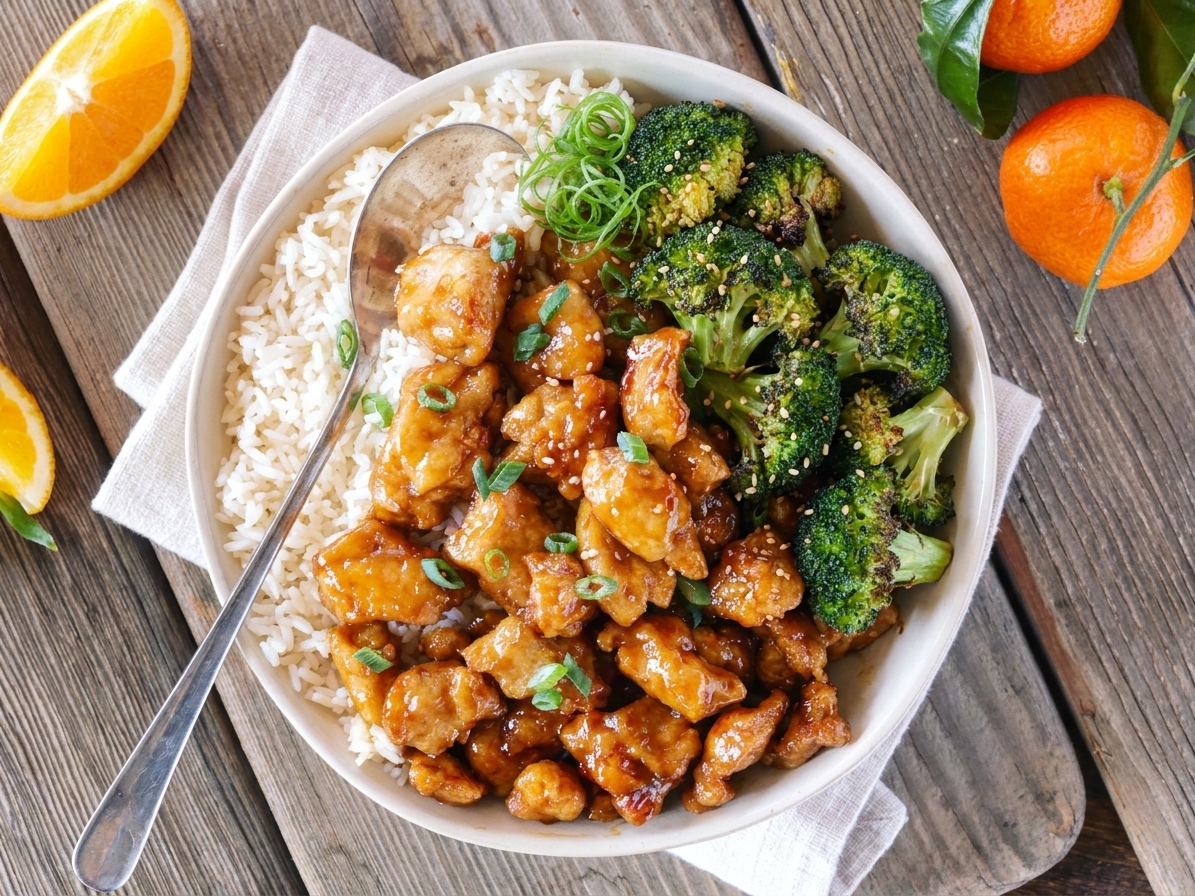 A close-up of a finished orange chicken rice bowl with roasted broccoli, glossy sauce, sliced scallions, and sesame seeds in warm kitchen lighting