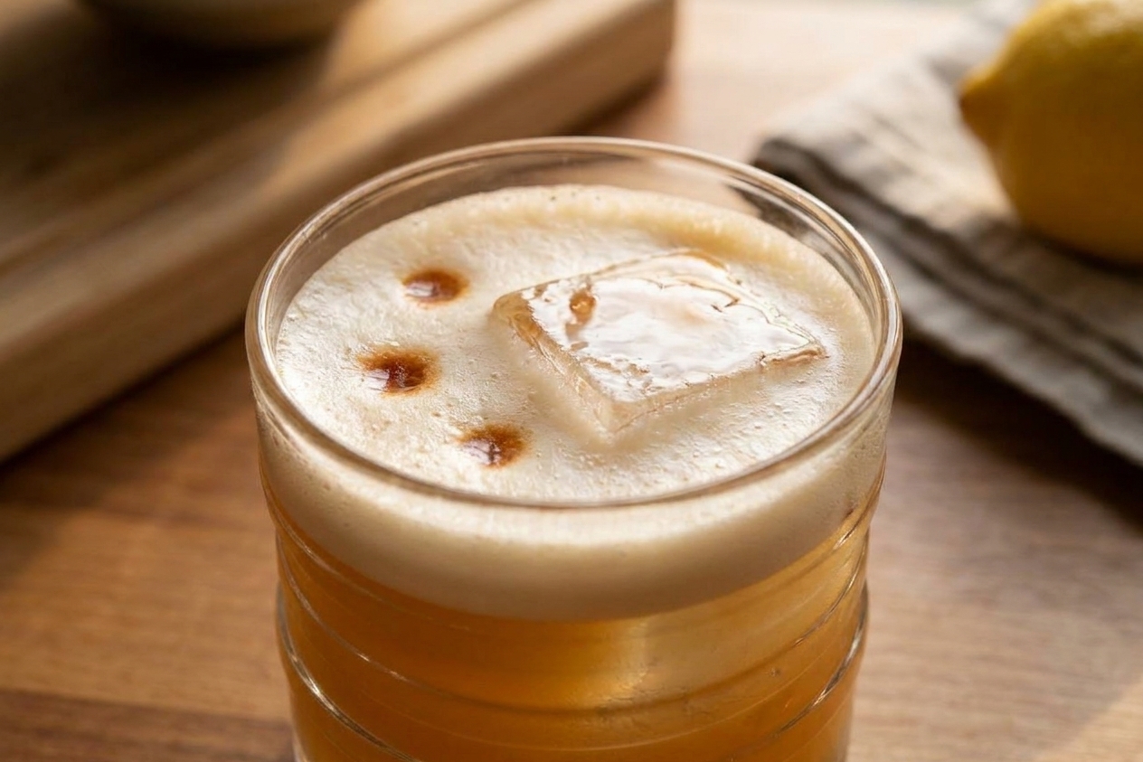 A close-up of a foamy whiskey sour with a few drops of aromatic bitters dotted across the top