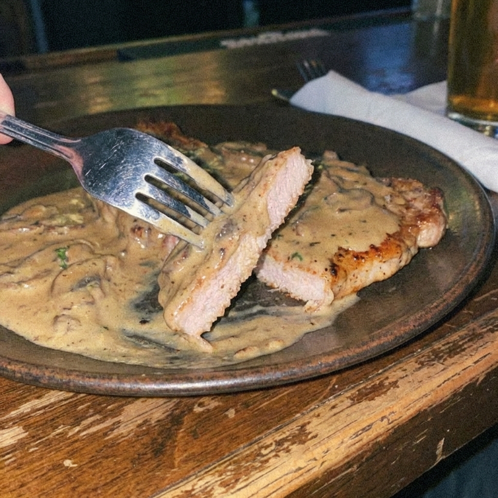A close-up of a fork cutting into a thin pork chop coated in creamy sauce