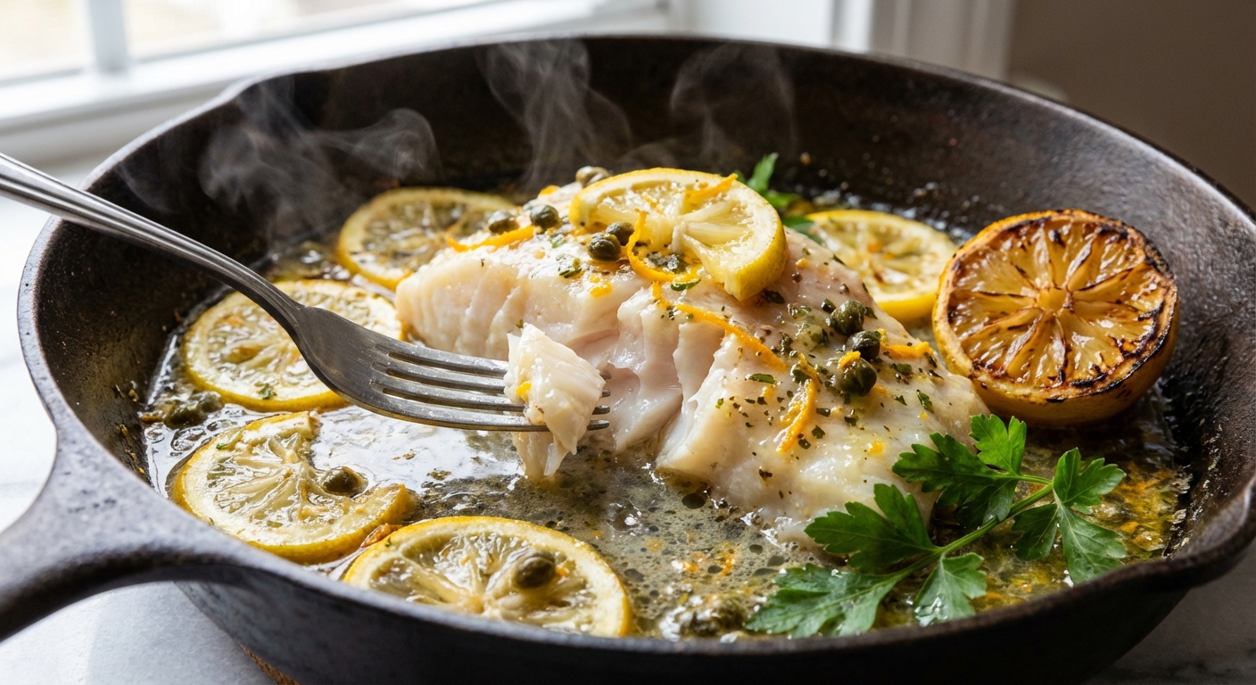 A close-up of a fork flaking a juicy piece of cooked cod in a skillet with citrus sauce