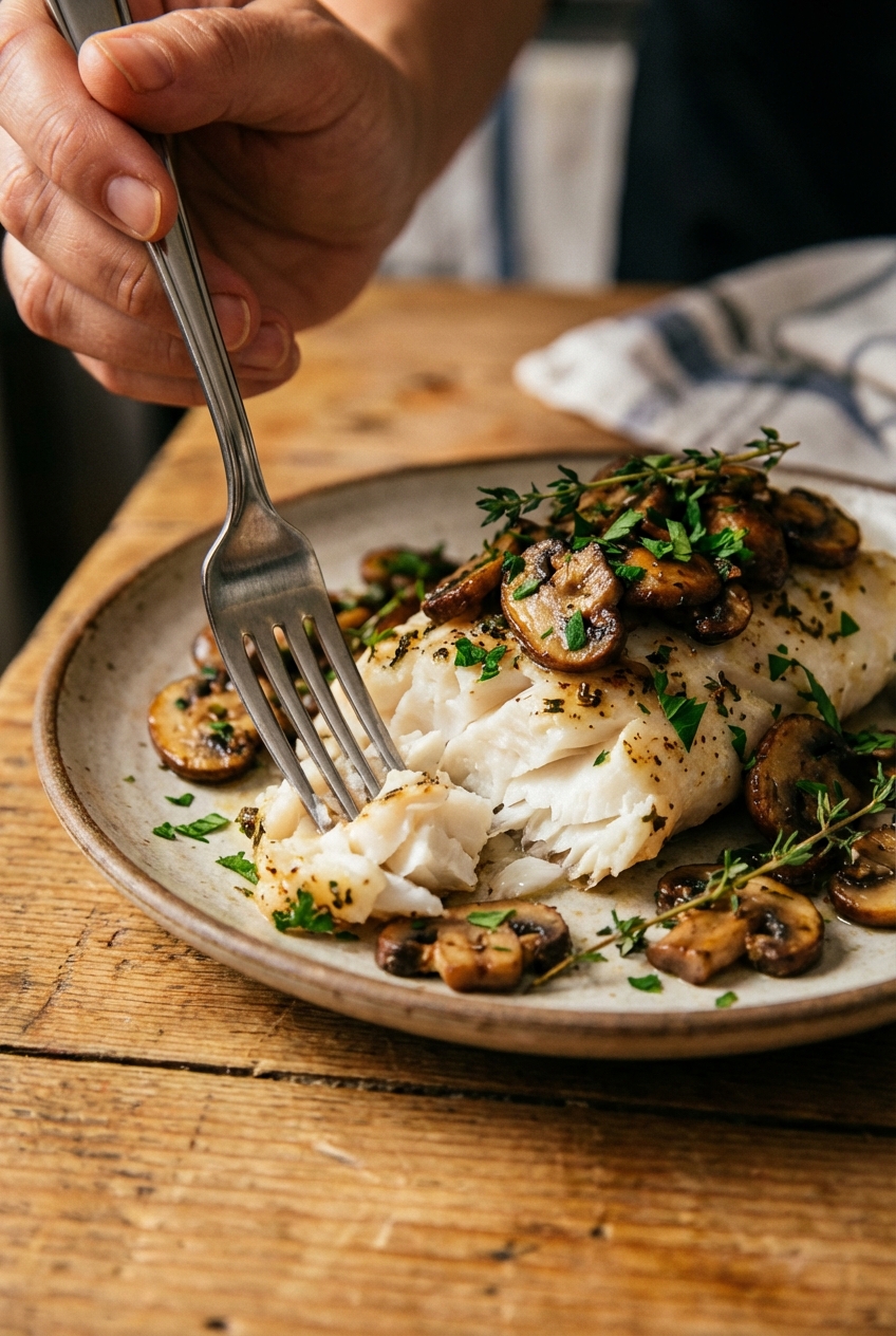 A close-up of a fork flaking a piece of baked cod with sautéed mushrooms and herbs