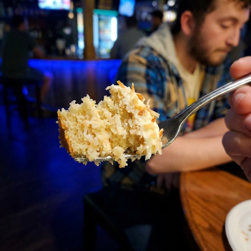 A close-up of a fork lifting a bite of coconut cake, showing a moist, tender crumb with coconut flakes