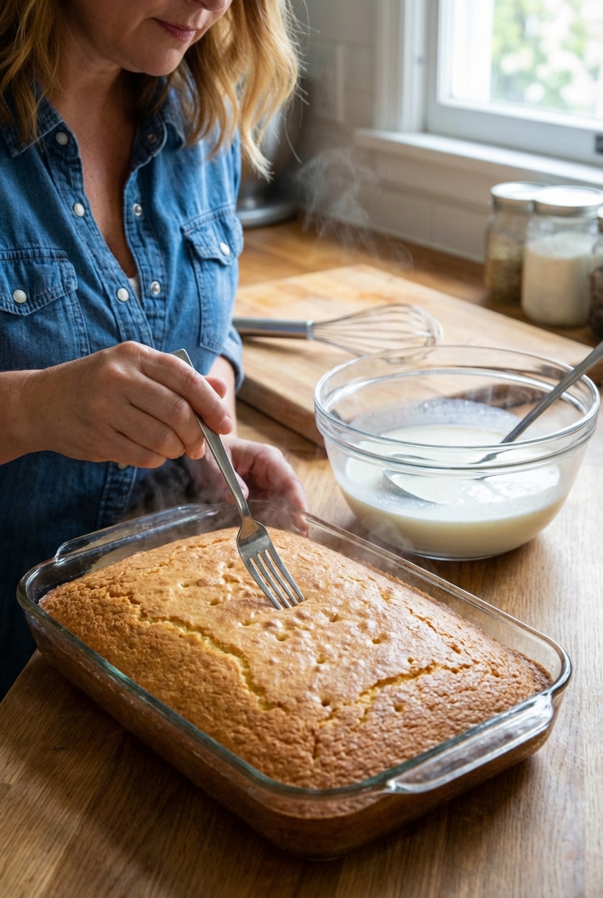 A close-up of a fork poking holes in a warm sponge cake in a baking dish while a bowl of milk mixture sits nearby