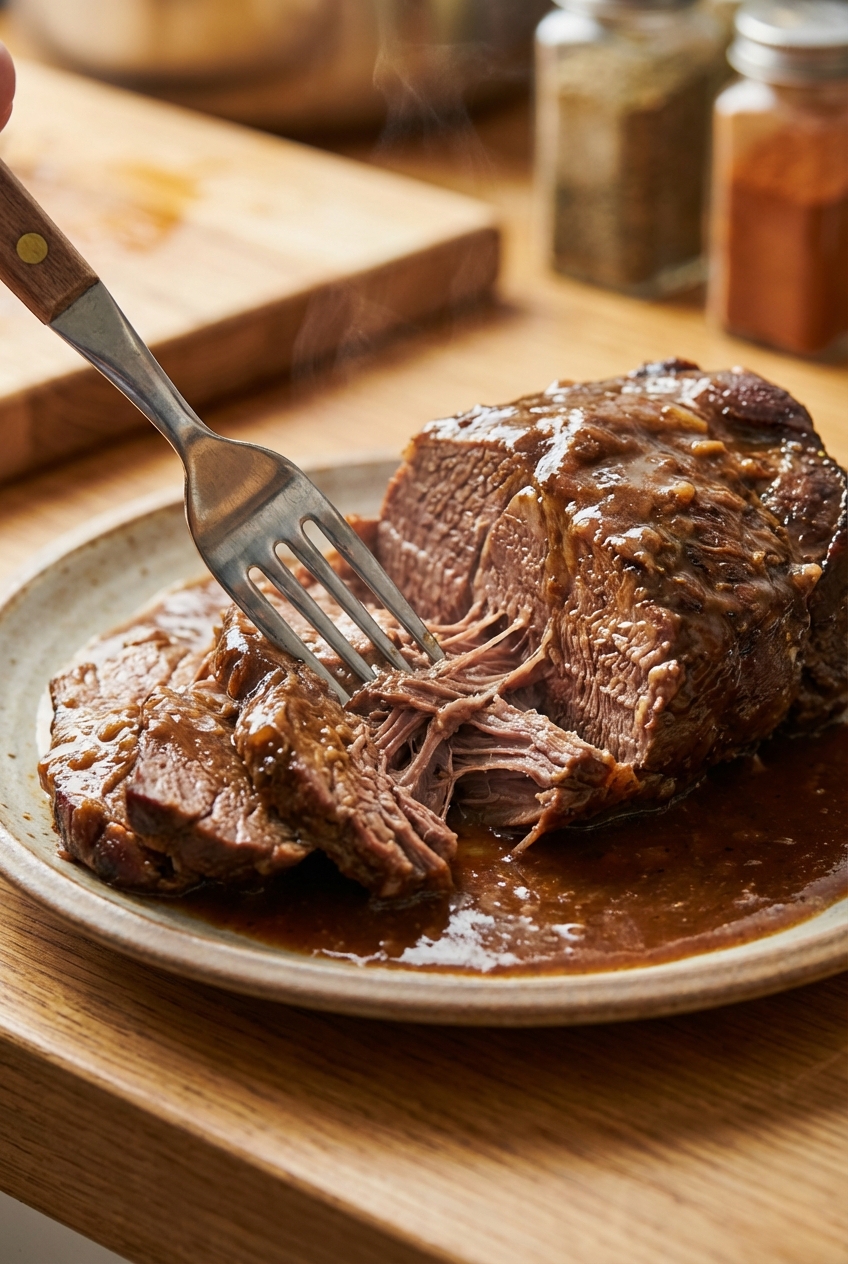 A close-up of a fork pulling apart a tender piece of beef roast with gravy