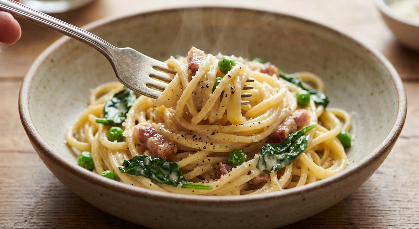 A close up of a fork twirling creamy carbonara pasta with peas and spinach