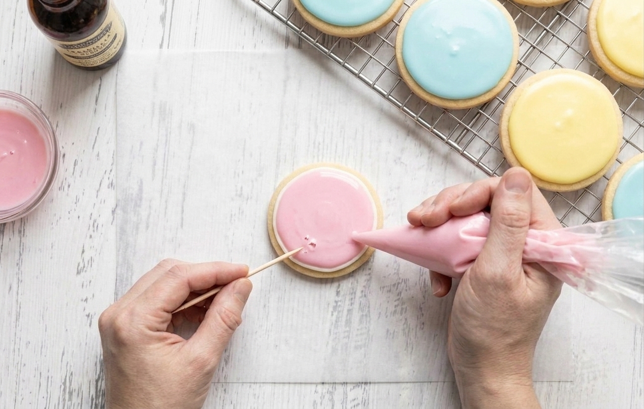 A close-up of a frosted cookie being flooded with pastel icing while a toothpick pops small air bubbles on the surface