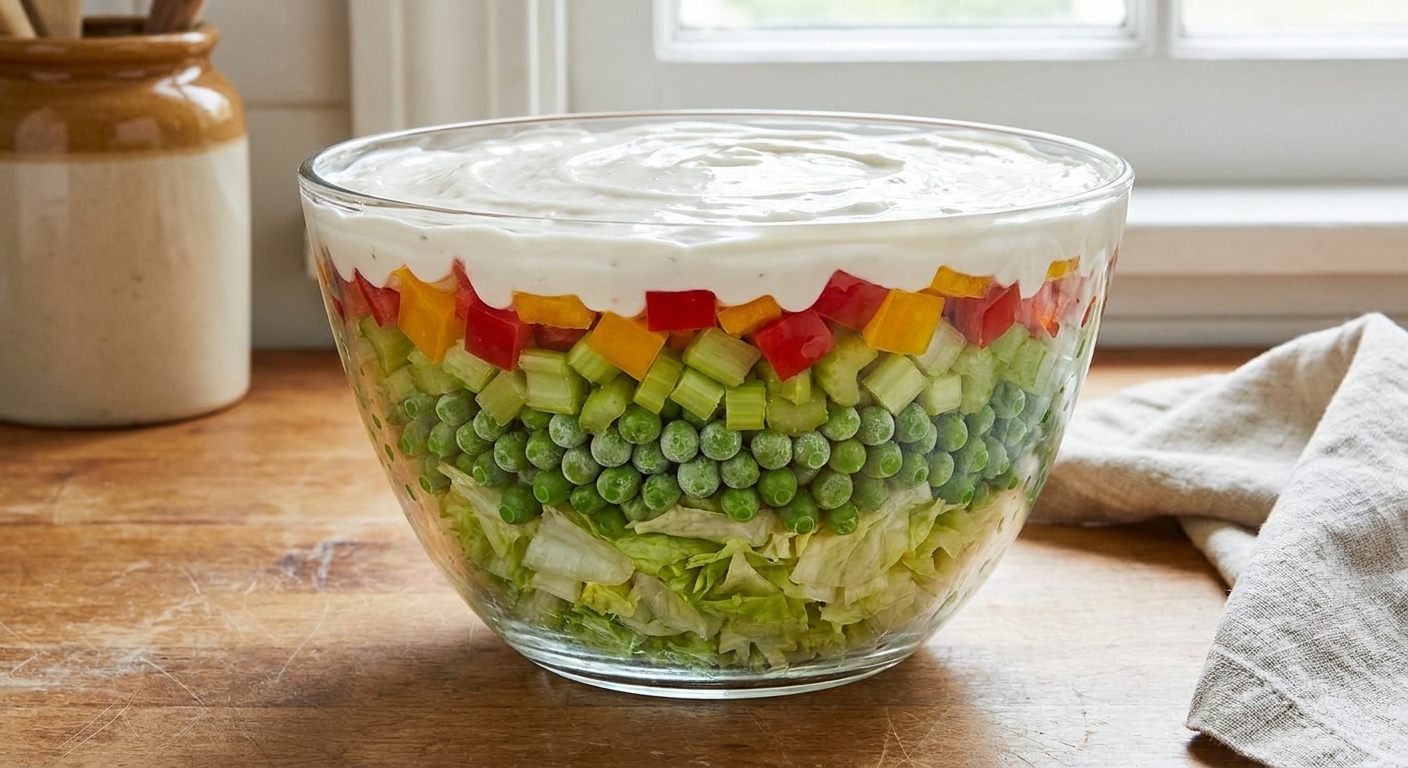 A close-up of a glass bowl showing neat layers of iceberg lettuce, peas, chopped celery, diced bell pepper, and a creamy dressing spread to the edges, real kitchen counter in the background